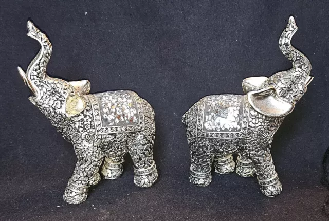 Pair of Raised Trunk Elephant Silver Coloured Ornaments - Elephants