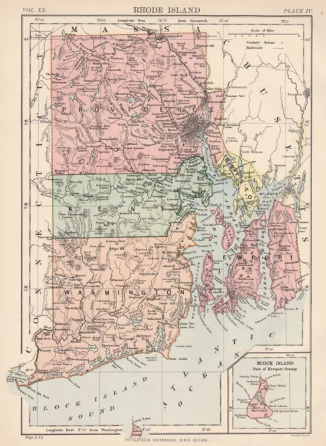 RHODE ISLAND. State map showing counties & railroads. Providence. 1898 old