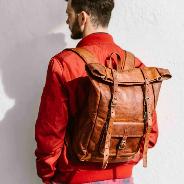 Men's New Backpack Messenger Leather Rucksack Brown Vintage Genuine Bag