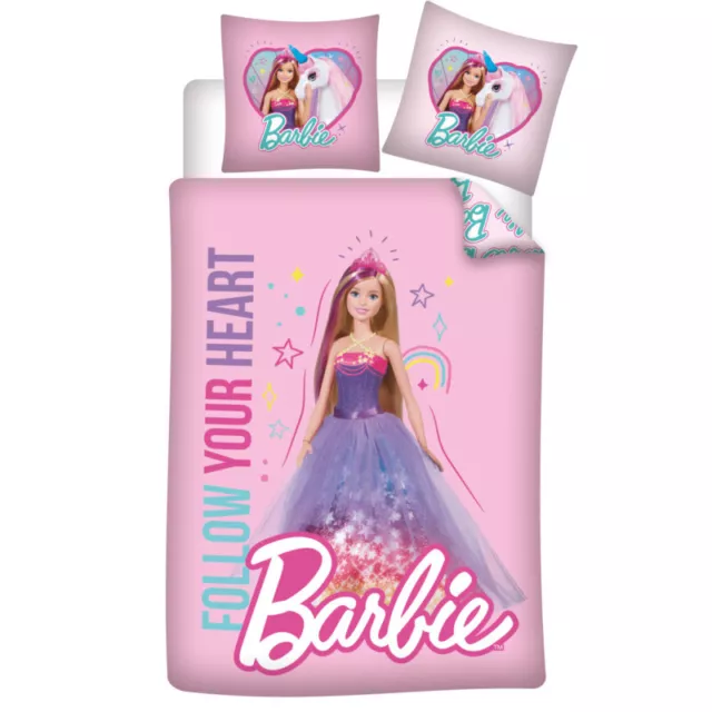 Déco Fille - Parure de Lit Bébé Coton Réversible Barbie Heart - Housse de Couett