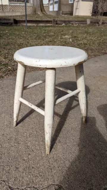 Antique Small Primitive Wooden Seat Milking Stool Rustic Handmade White Worn