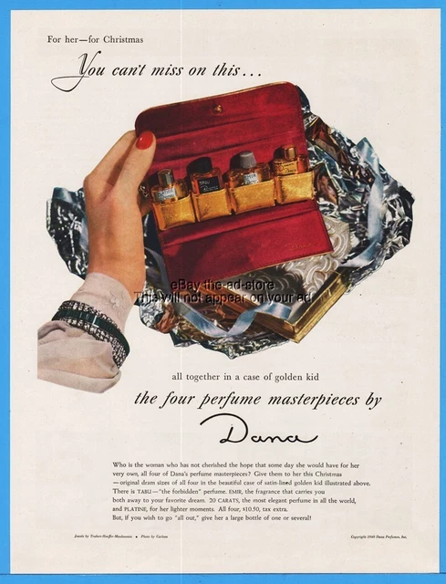 1949 Platine TABU Emir 20 Carats Perfumes by Dana Kid Lined Case Color Print Ad