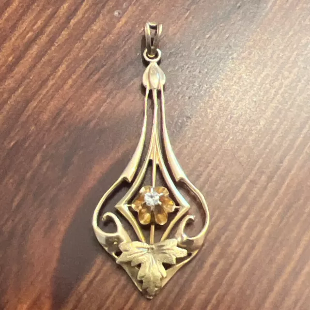 Antique Victorian 10k Yellow Gold Leaf Diamond Lavalier Pendant