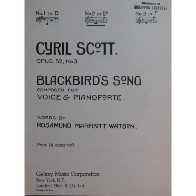 SCOTT Cyril Blackbird's Song Chant Piano 1908
