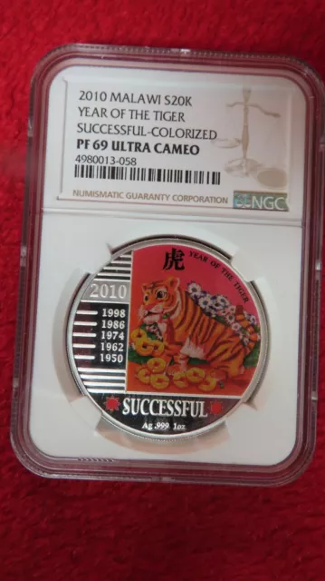 2010 Africa Malawi Zodiac Year of the Tiger SUCCESSFUL Cat .999 1 oz NGC PR69