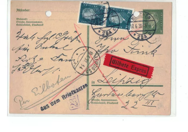 DR Postkarte Ganzsache P 181 - o 1930 München - aus dem Briefkasten Eilbote !!!