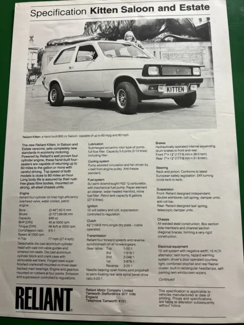 The Reliant Kitten Saloon And Estate Car Info Spec Sales Brochure Frameable 1978