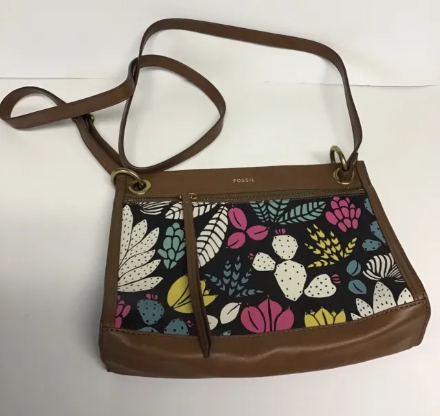 Fossil Crossbody Shoulder Bag Purse Brown Faux Leather Dark Floral Print New