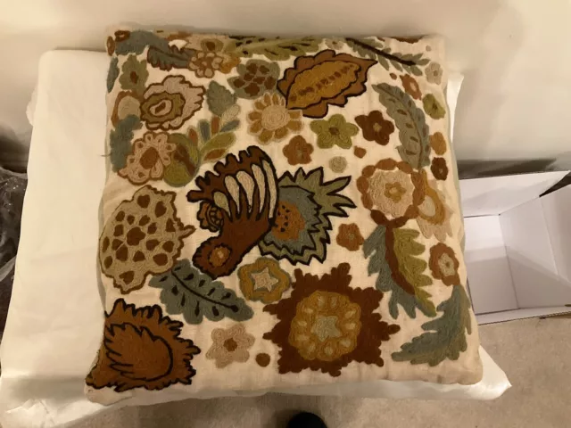 Embroidered Cushion Cover, Leaf Design In Browns And Greens,18 Inch