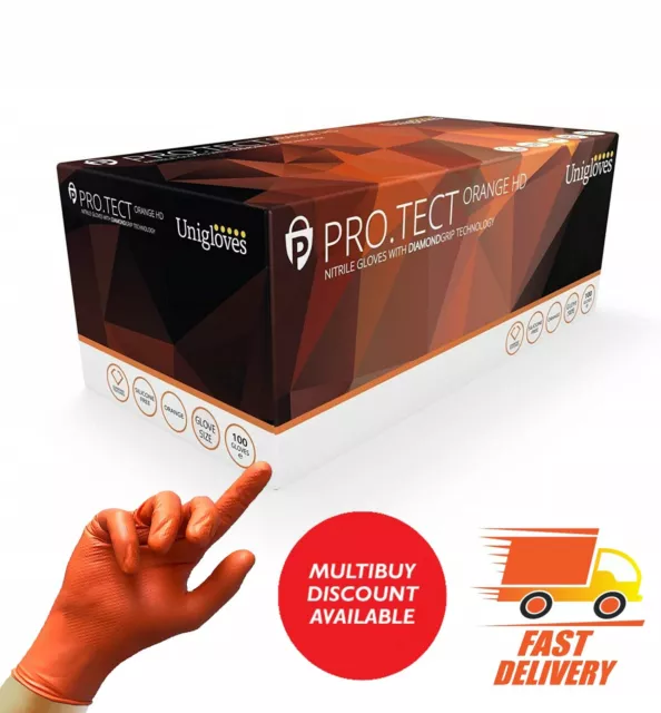 Orange HD Nitrile Disposable Gloves Strong Heavy Duty Powder Free Car Mechanic