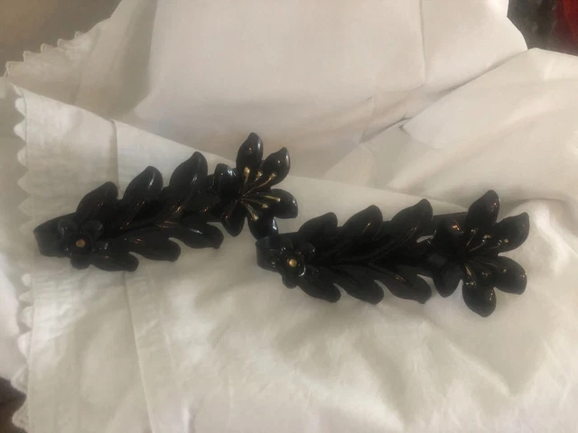 Vintage  Drapery Curtain Pull Back Ties  Embossed Metal Black Gloss Leaf Floral 9