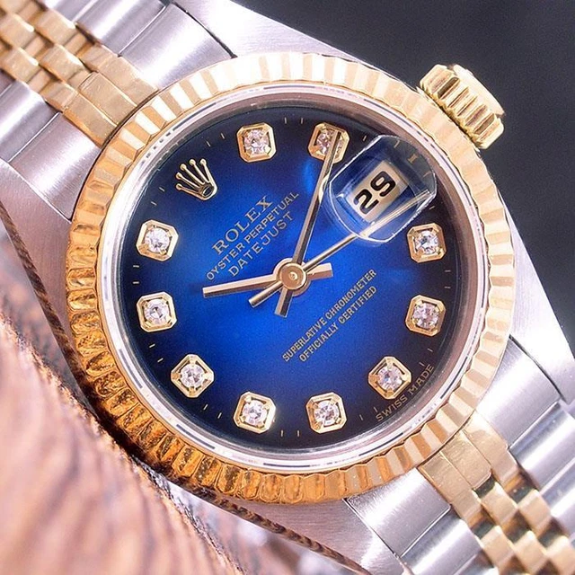 Rolex 69173G DateJust Blue Diamond Dial 26mm Ladies Watch W/Cert
