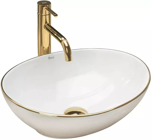 Aufsatzwaschbecken Waschbecken Keramik Design Gold Weiss Poliert Rund 41cm Rea