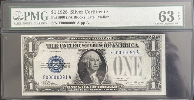 1928 $1 Silver Certificate PMG 63 EPQ Fr#1600 Very low 2 digit serial number