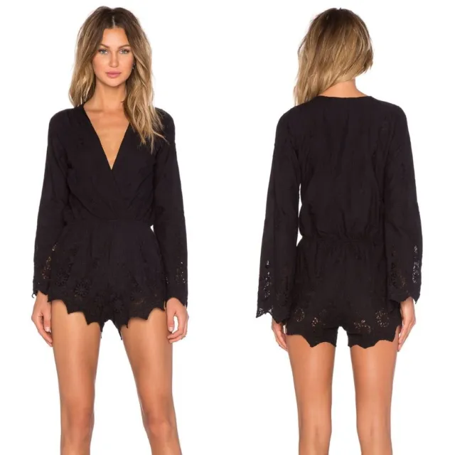 Stone Cold Fox Black Locals Lace Scalloped Romper Bell Sleeve Womens Size M/L