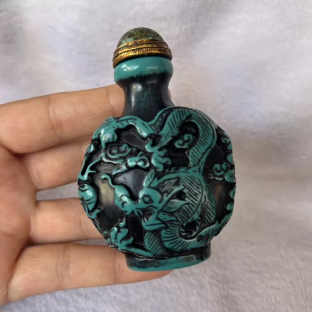 Chinese Antique Collect Turquoise Hand Carved Dragon Phoenix Snuff Bottle