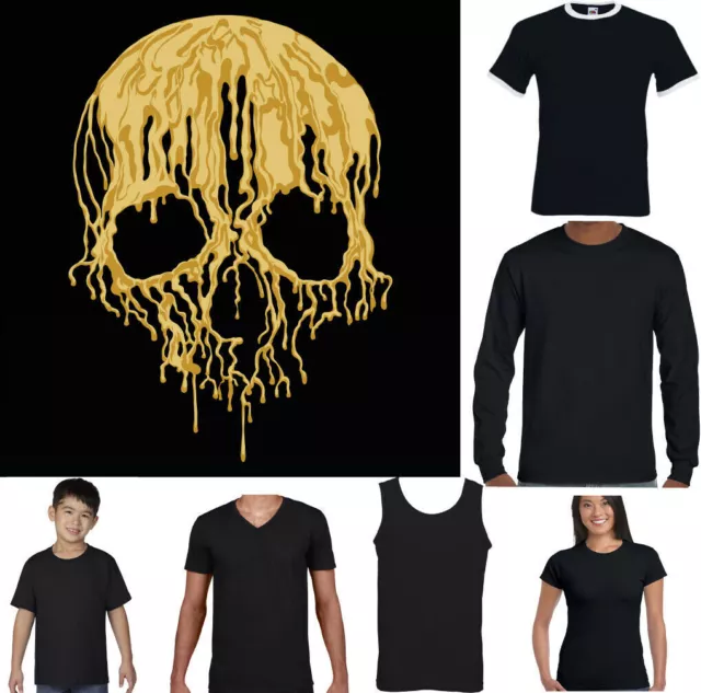 SKULL T-SHIRT Mens Biker Motorcycle Tattoo Motorbike Gold Gothic Bike Top Gift