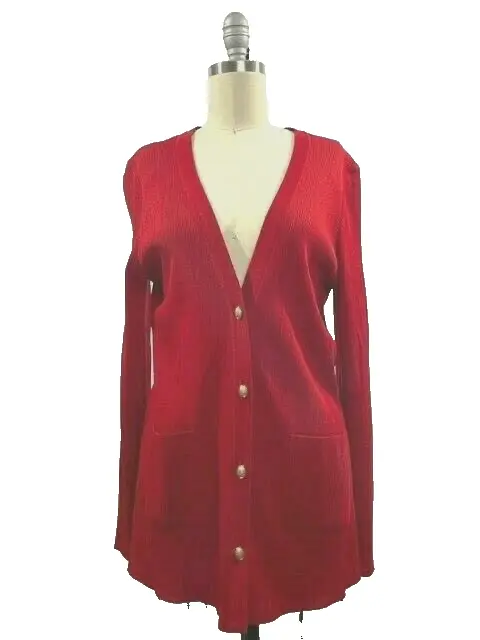 Exclusively Misook $189 Red Long Cardigan Sweater Deco Buttons Size Small