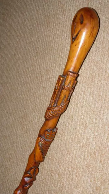 Antique Walking Stick - Intricate Hand-Sculpted Castle Harp Clover & Snake Shaft