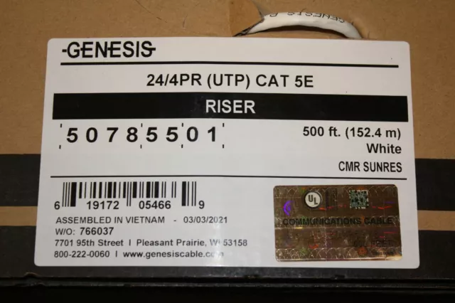 Honeywell Genesis 50785501 CAT5E  UTP Networking Cable Riser white 500 ft