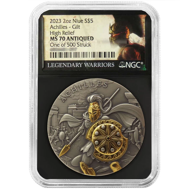 2023 $5 Niue Achilles 2 oz High Relief Silver Antiqued and Gold Gilded NGC MS70