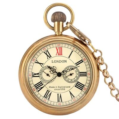 Copper Antique London Mechanical Pocket Watch Hand Winding Men's 30cm Chain