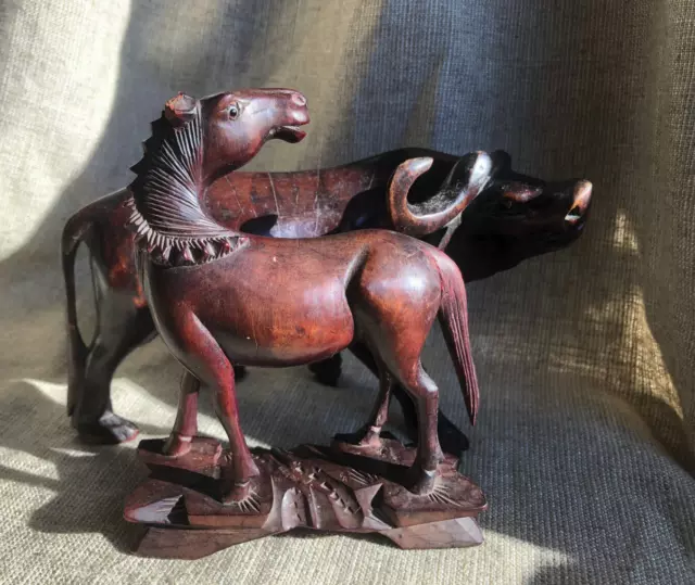 Vintage Hand Carved Wooden Water Buffalo and Horse