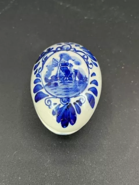 Delft Trinket Box Hand Painted Blue Egg Windmill Motif Ceramic No Damage