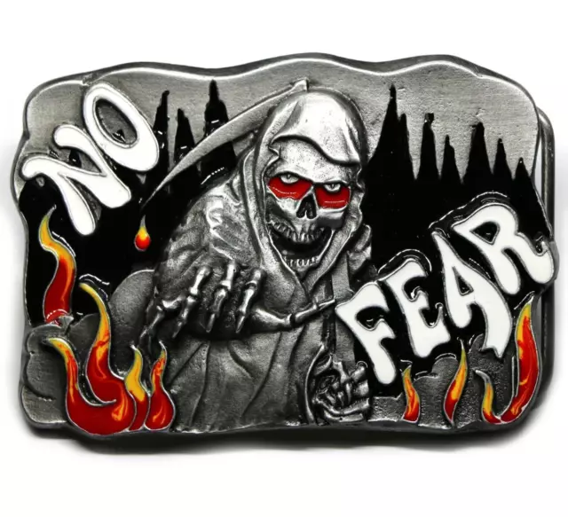 No Fear Belt Buckle, Gothic Grim Reaper Skull Death Skeleton Hell Fire, C+J INC