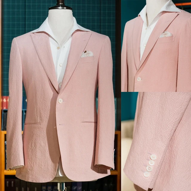 Summer Beach Men's Suits Leisure Pink Seersucker Blazer Formal Wedding Tuxedos