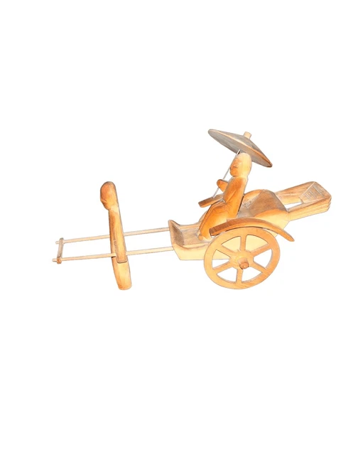 Japanese Style Vtg Miniature Hand Carved Wood Rickshaw Man, Geisha & Parasol