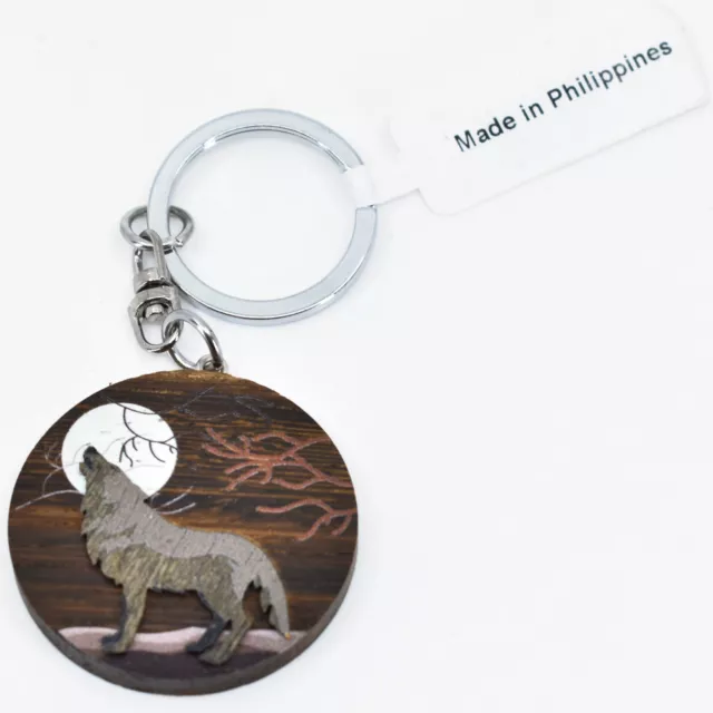 Handcrafted Wolf Howling at Moon Round Wooden Marquetry Keychain Philippines