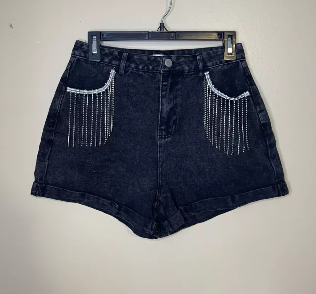 NWT Cloud Ten Women’s Black Denim Shorts Cowgirl Diamond Crystals Size Medium F1