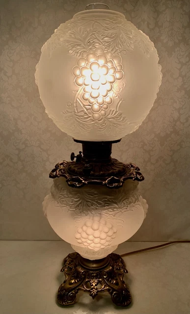 Antique GWTW Electrified Oil Lamp Embossed Grape Ornate Brass Design Satin Glass