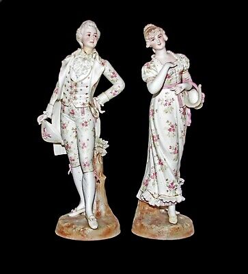 19th century Antique French Victorian Pair, 19" Porcelain Figure Statues #1547 N