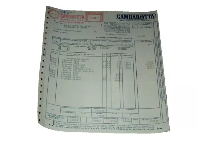 Gambarotta-Fattura Commerciale-Pubblicita'-Storia Postale Affrancatura Meccanica