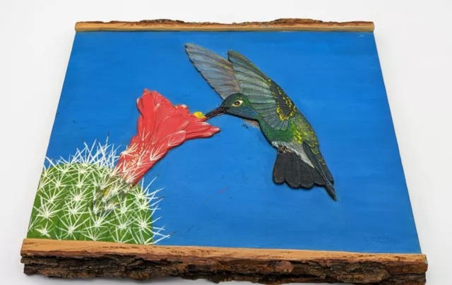 Hummingbird Cactus Flower Carved Hand Painted Wall Plaque ArtisianSigned