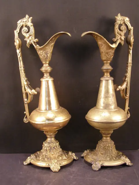 Pr 19 c Renaissance Revival Neoclassical Brass Iron Figural Mantle Vase Urn Ewer