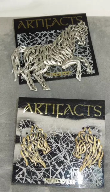 Artifacts stylized Horse pin & horse head post earrings silver tone JJ 1988 *F