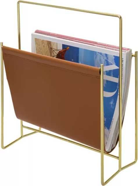 Modern Brass Plated Metal Wire & Caramel Leatherette Sling Magazine Holder Rack