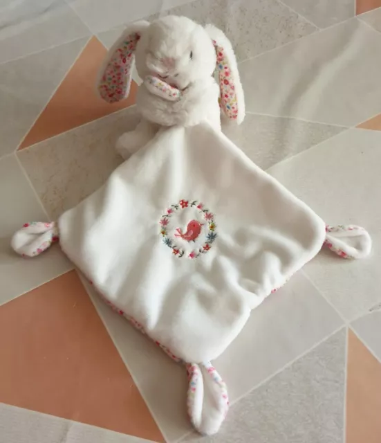 Peluche Doudou Pommette Lapin Blanc Et Rose Mouchoir Brodé Oiseau Fleurs