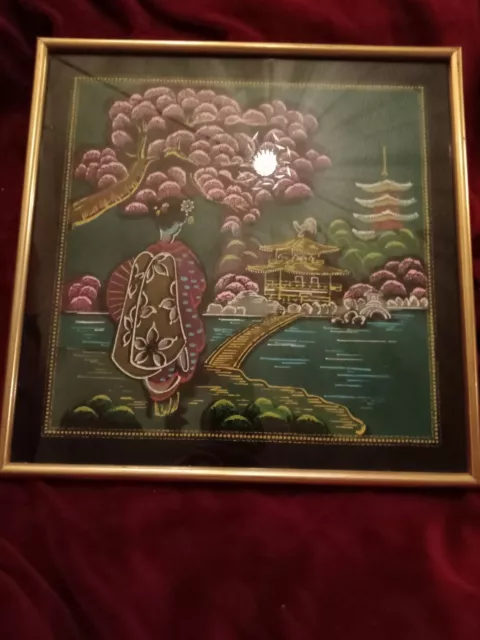 Beautiful Handcrafted Hand painted Fabric Asian Design Framed Picture