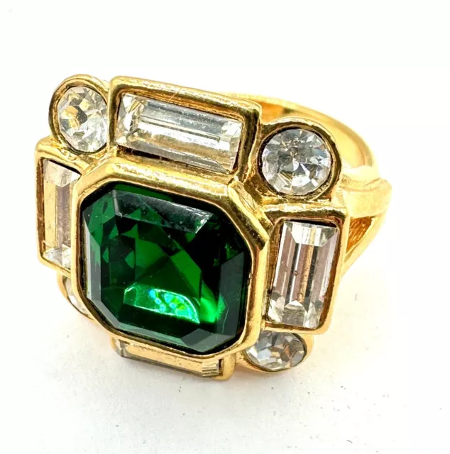 Vintage Avon Green And Clear Glass Rhinestone Statement Cocktail Ring Size 8