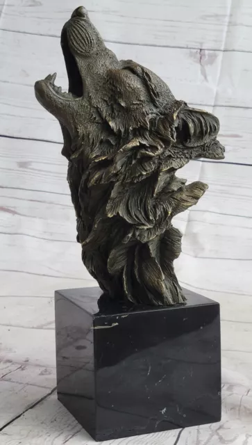 Firmado Original Llorando Lobo Bronce Escultura Busto En Mármol Figura Lopez