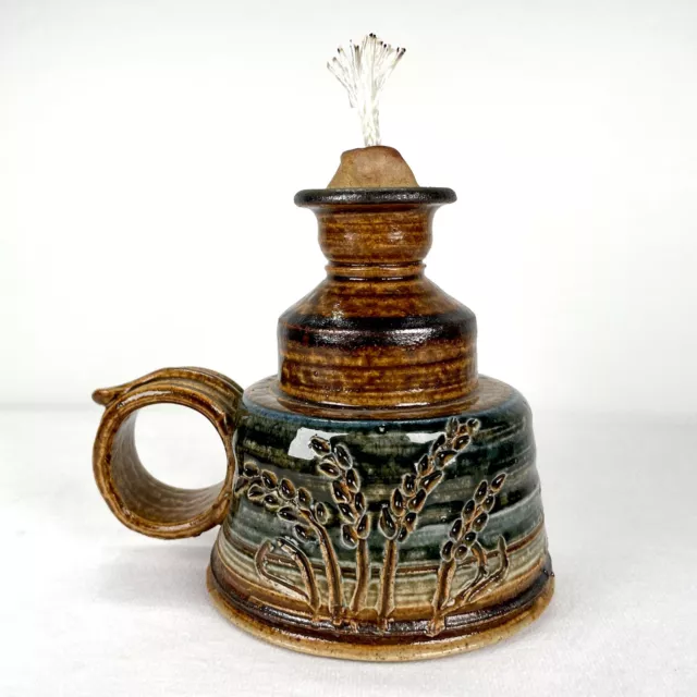 Handmade Art Pottery Oil Lamp Colorful Glazed Ceramic Jug Golden Wheat W/ Wick