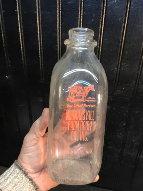 Vintage 1956 Norman's Kill Farm Dairy Albany Ny Normie   1/2 Pint Milk Bottle