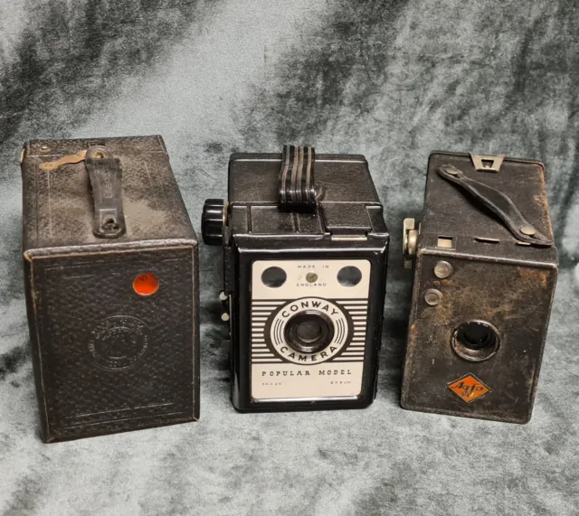Cámaras de tres cajas: Kodak Ojo de Halcón modelo C, Conway Popular y Agfa. Repuesto/reparación