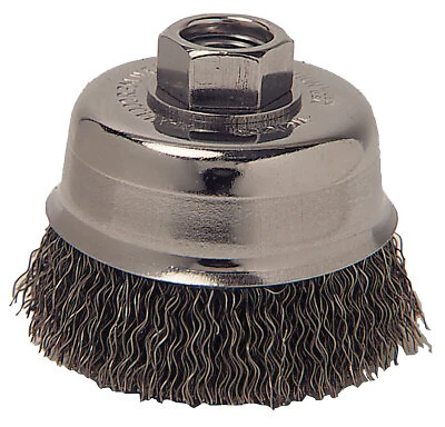 Cepillo de copa de alambre engarzado, 3 in dia., eje 5/8-11, 0,012 in acero inoxidable,