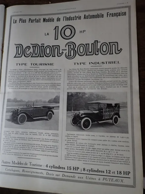 DE DION BOUTON 10 HP tourisme industriel  publicité papier ILLUSTRATION 1922