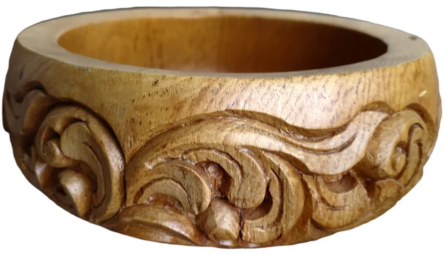 Ornate Hand Carved Teak Wood Round Bowl Vintage 8 inch Thailand Decor MCM